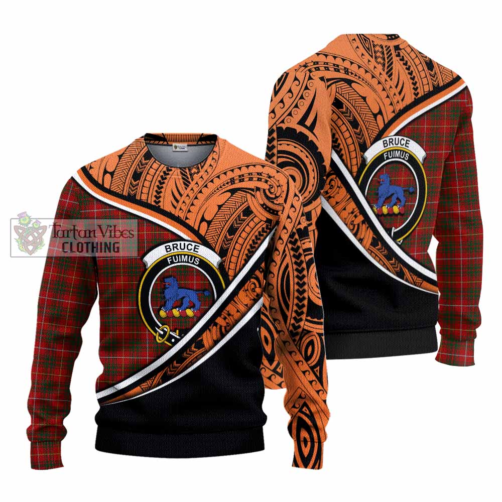 Tartan Vibes Clothing Bruce Crest Tartan Knitted Sweater with Maori Tattoo Style - Orange Version