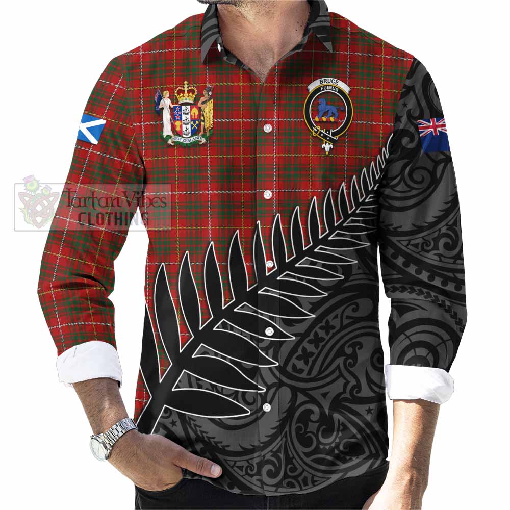 Tartan Vibes Clothing Bruce Crest Tartan Long Sleeve Button Shirt with New Zealand Silver Fern Half Style