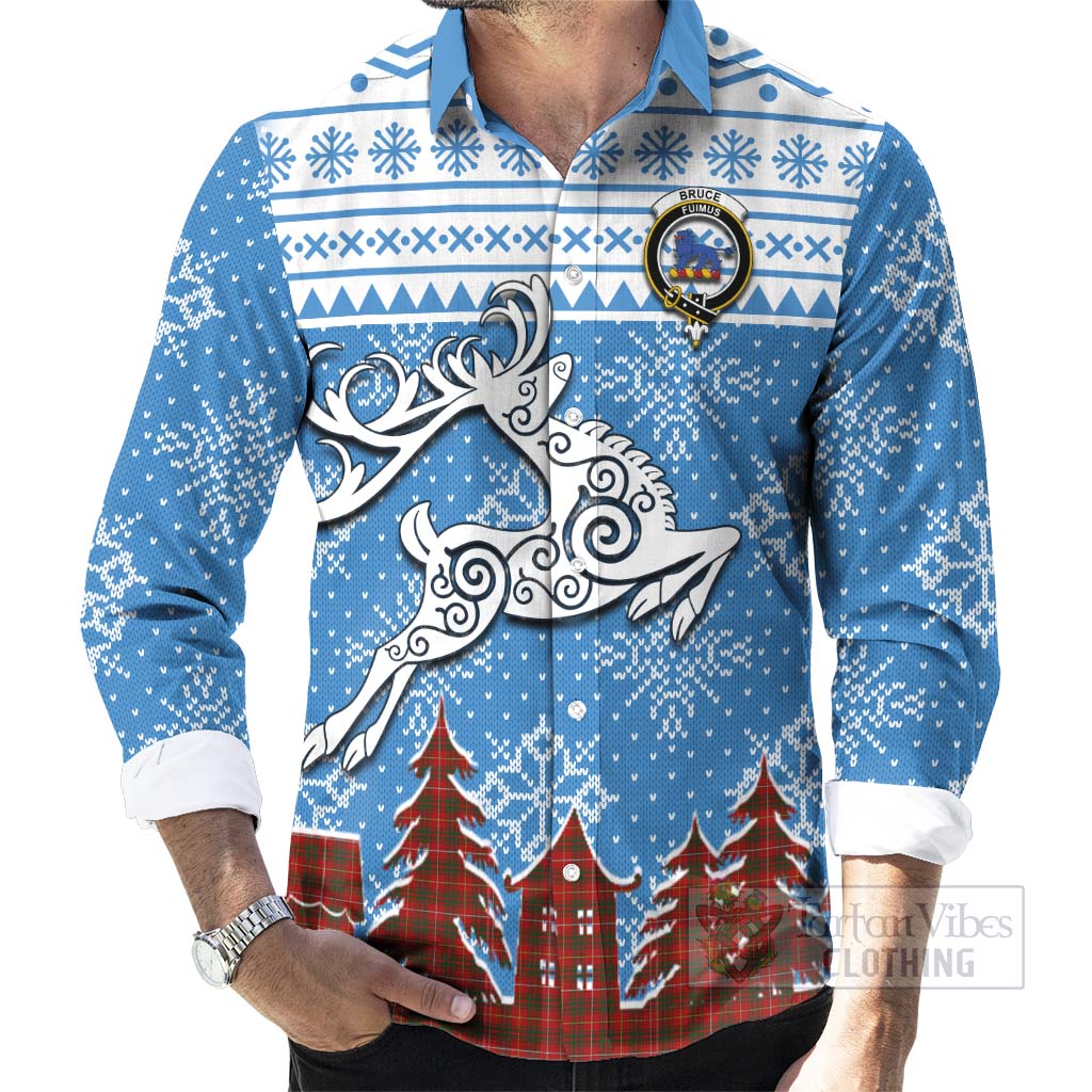 Tartan Vibes Clothing Bruce Clan Christmas Long Sleeve Button Shirt Celtic Reindeer Style