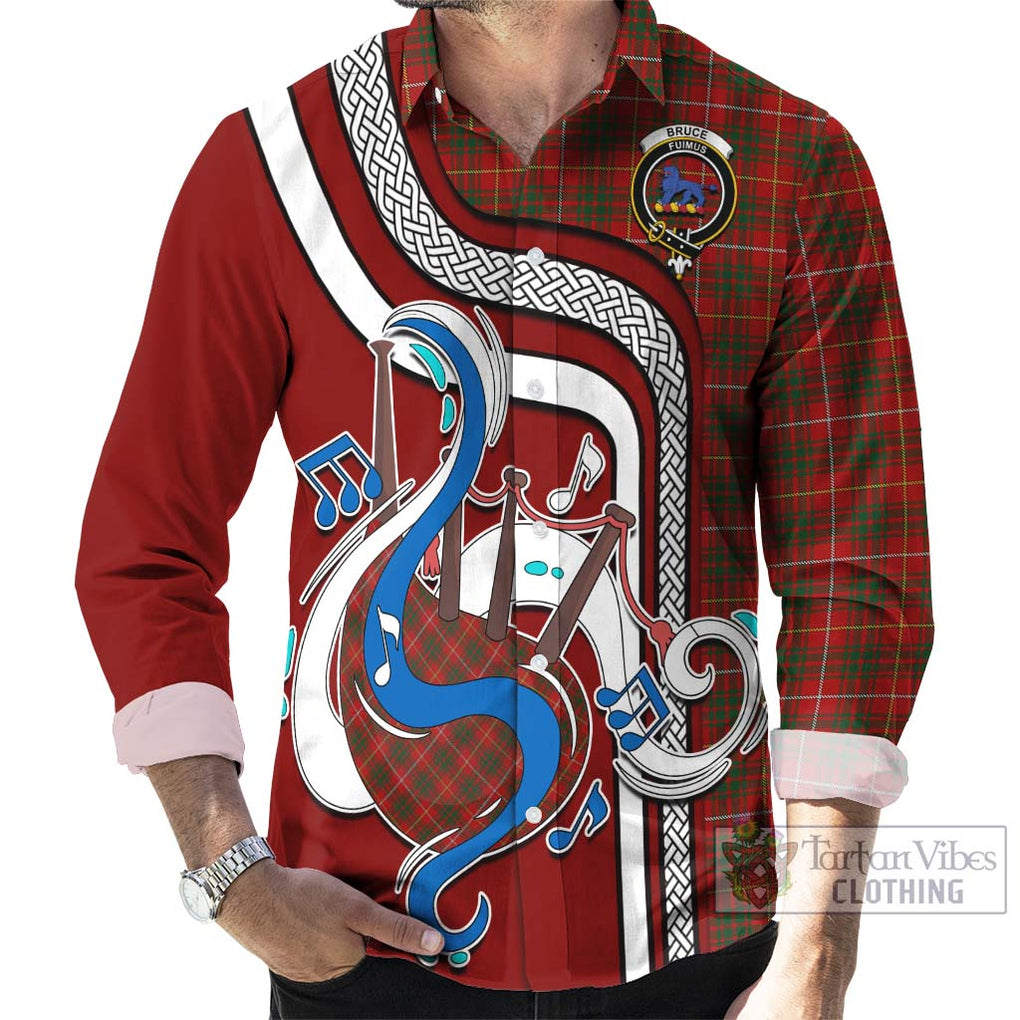 Bruce Tartan Long Sleeve Button Shirt with Epic Bagpipe Style - Tartanvibesclothing Shop