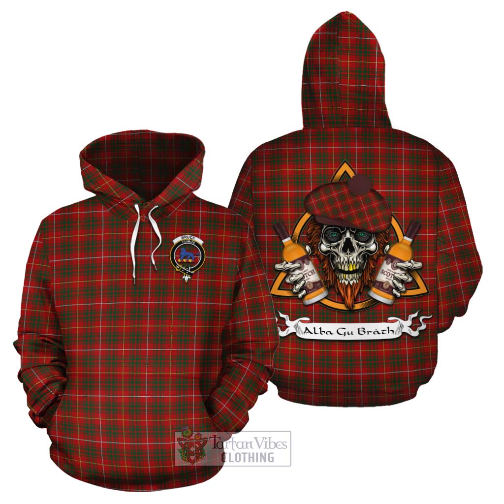 Tartan Vibes Clothing Bruce Tartan Cotton Hoodie with Family Crest and Bearded Skull Holding Bottles of Whiskey