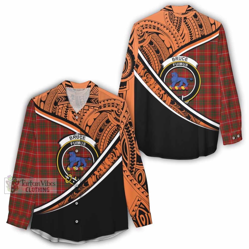 Tartan Vibes Clothing Bruce Crest Tartan Women's Casual Shirt with Maori Tattoo Style - Orange Version