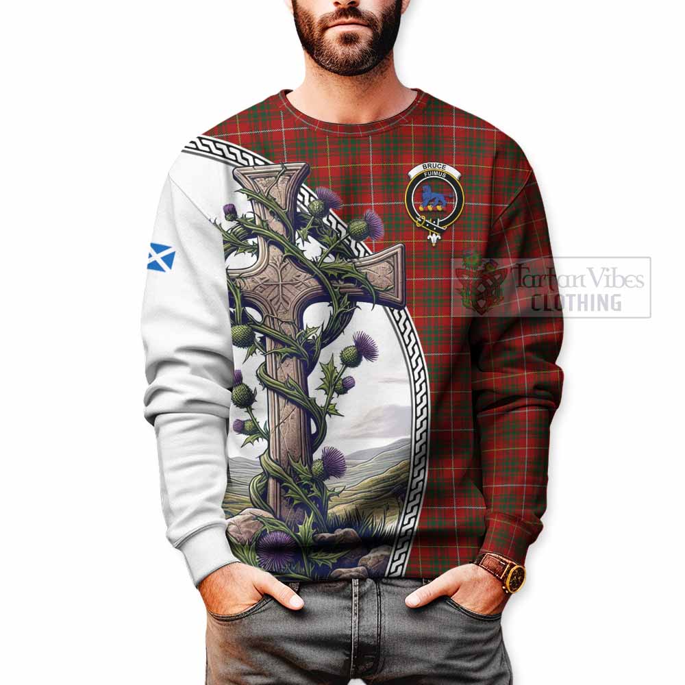 Tartan Vibes Clothing Bruce Tartan Sweatshirt with Family Crest and St. Andrew's Cross Accented by Thistle Vines