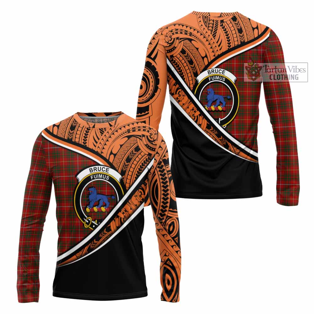 Tartan Vibes Clothing Bruce Crest Tartan Long Sleeve T-Shirt with Maori Tattoo Style - Orange Version