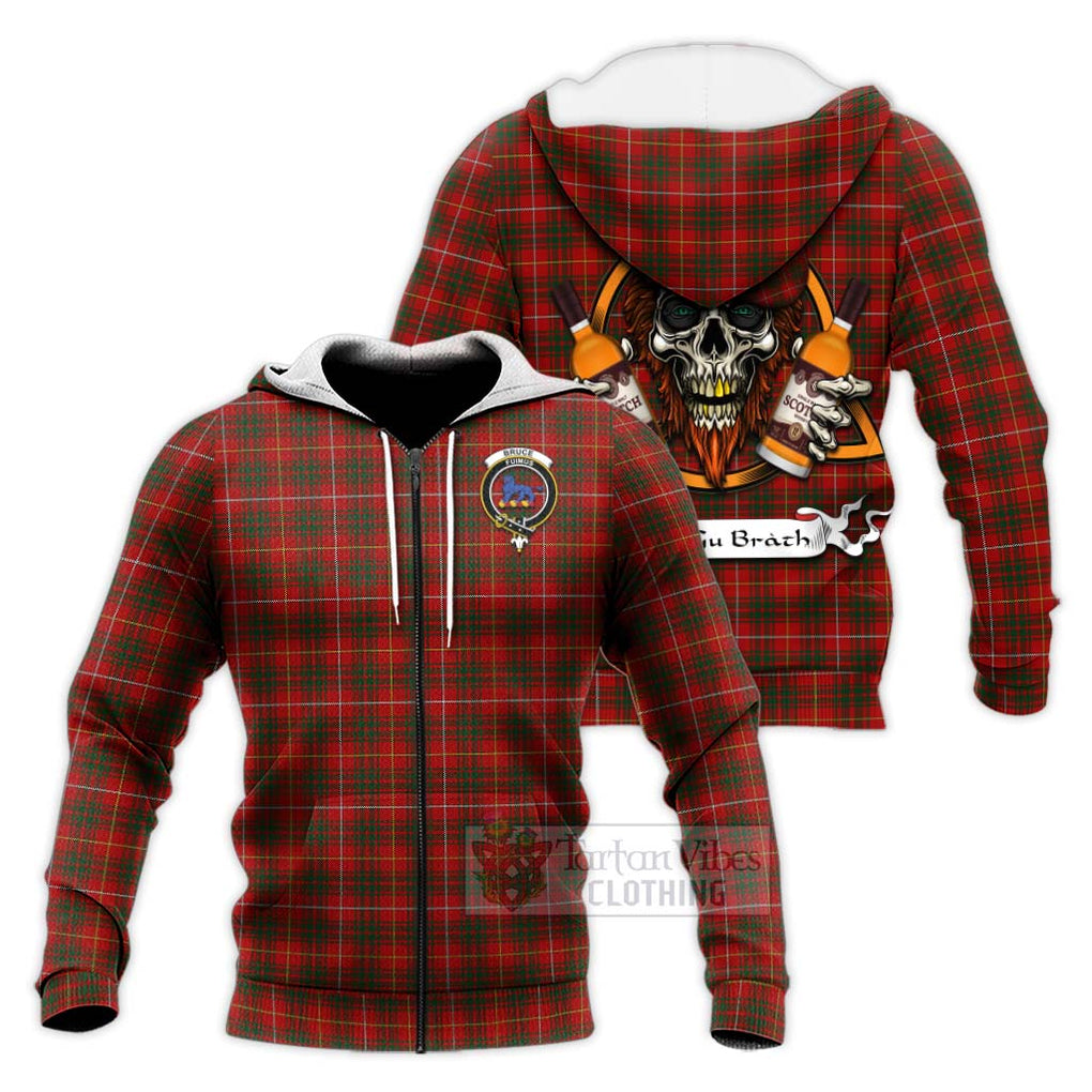 Tartan Vibes Clothing Bruce Tartan Knitted Hoodie with Family Crest and Bearded Skull Holding Bottles of Whiskey