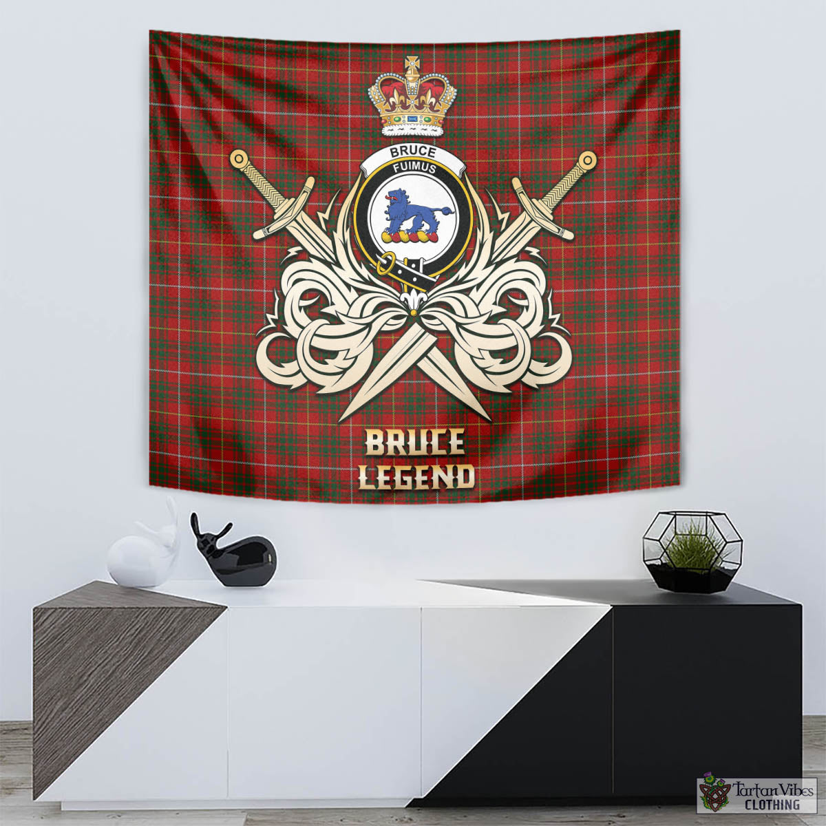 Tartan Vibes Clothing Bruce Tartan Tapestry with Clan Crest and the Golden Sword of Courageous Legacy