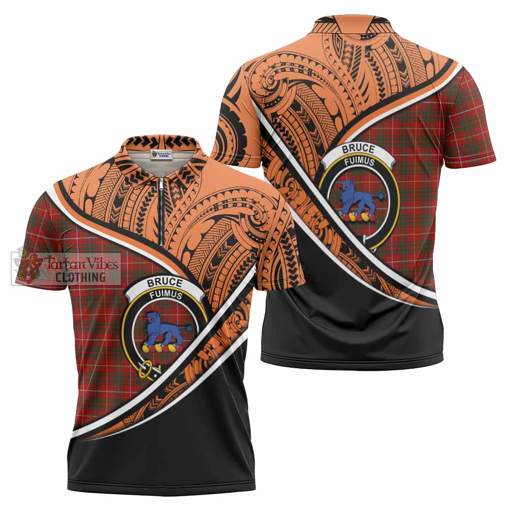 Tartan Vibes Clothing Bruce Crest Tartan Zipper Polo Shirt with Maori Tattoo Style - Orange Version