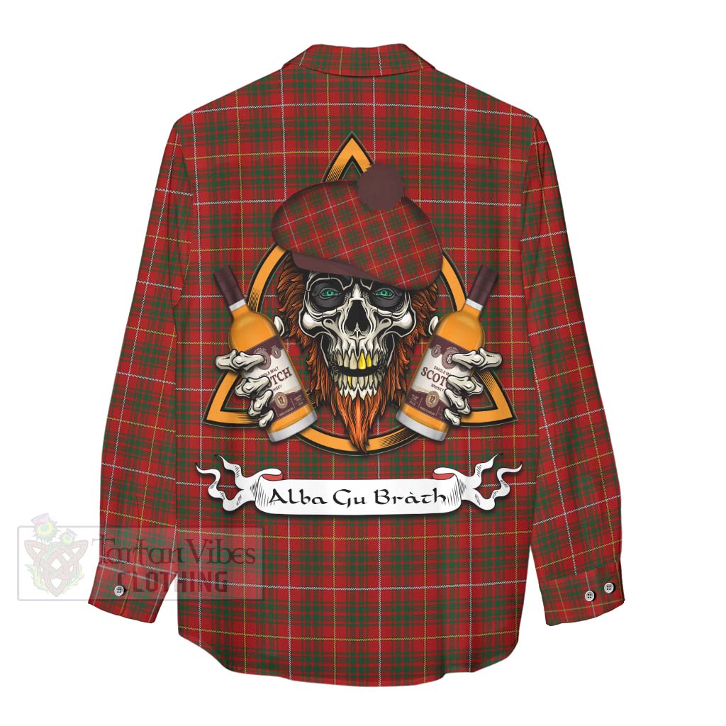 Tartan Vibes Clothing Bruce Tartan Women's Casual Shirt with Family Crest and Bearded Skull Holding Bottles of Whiskey