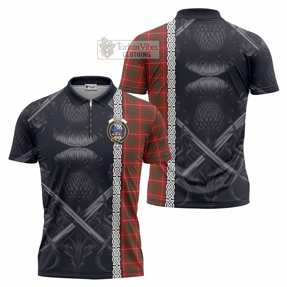 Tartan Vibes Clothing Bruce Tartan Zipper Polo Shirt with Family Crest Cross Sword Thistle Celtic Vibes