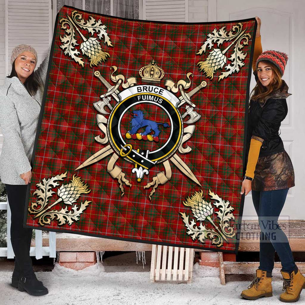 Tartan Vibes Clothing Bruce Tartan Quilt with Family Crest and Scottish Golden Courage Shield