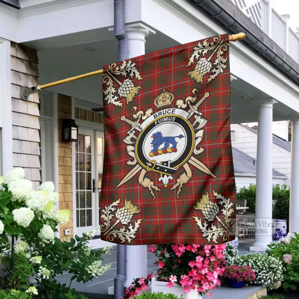 Tartan Vibes Clothing Bruce Tartan Flag with Family Crest and Golden Thistle Crossed Sword Design