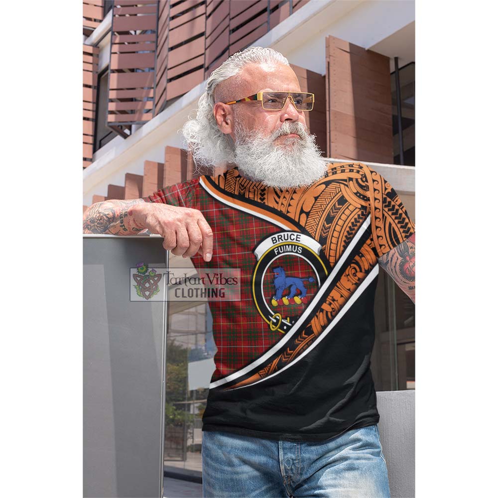 Tartan Vibes Clothing Bruce Crest Tartan Cotton T-shirt with Maori Tattoo Style - Orange Version