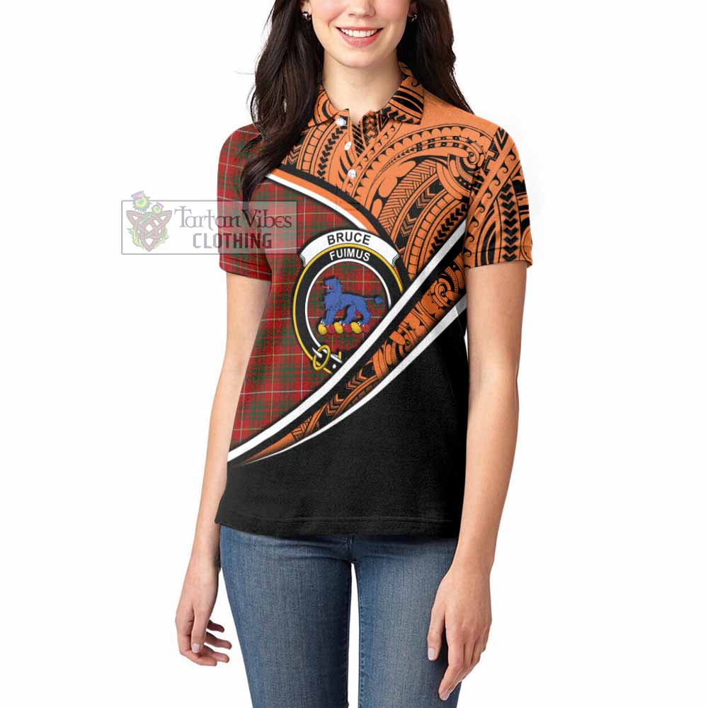 Tartan Vibes Clothing Bruce Crest Tartan Women's Polo Shirt with Maori Tattoo Style - Orange Version