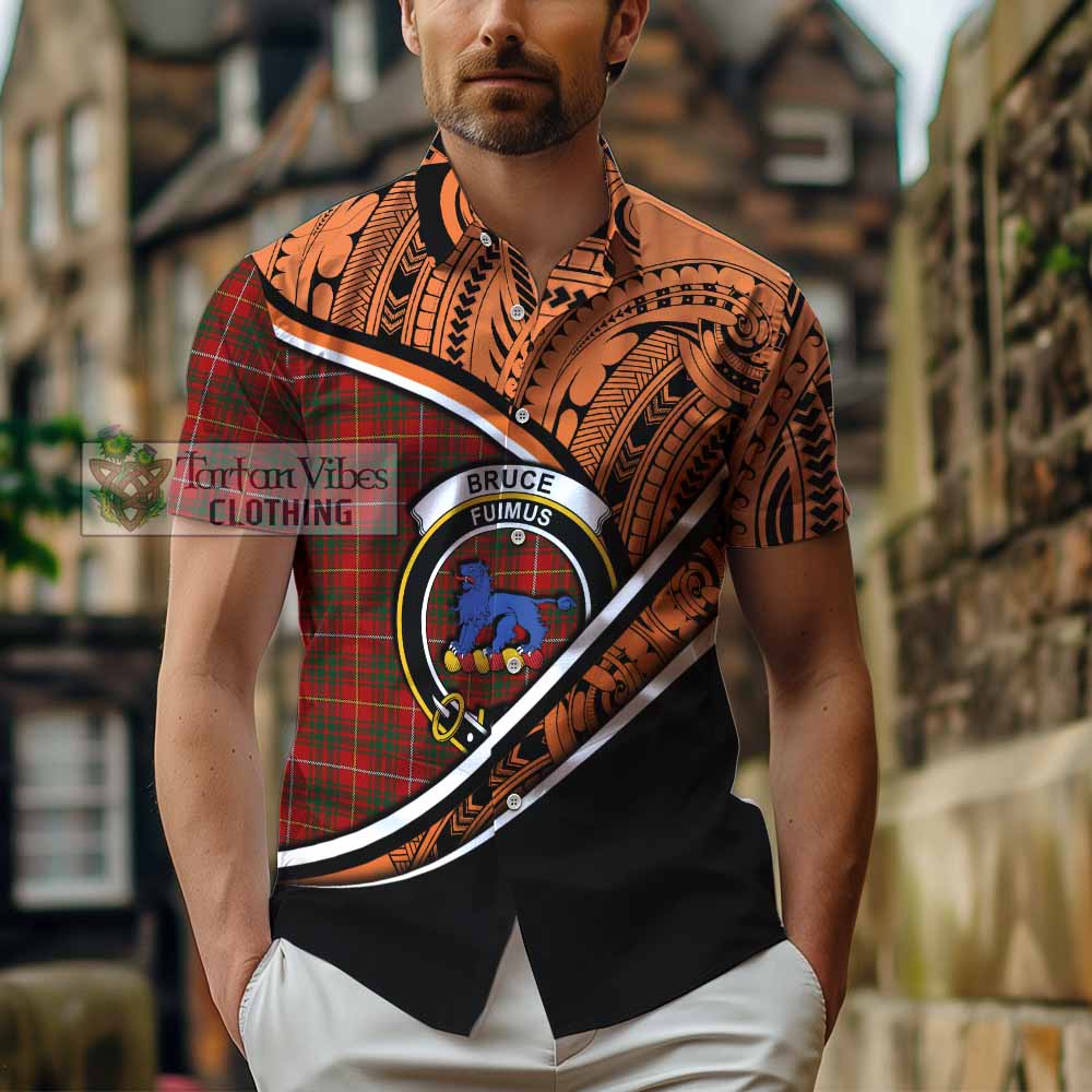 Tartan Vibes Clothing Bruce Crest Tartan Short Sleeve Button Shirt with Maori Tattoo Style - Orange Version