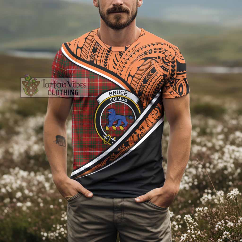 Tartan Vibes Clothing Bruce Crest Tartan T-Shirt with Maori Tattoo Style - Orange Version