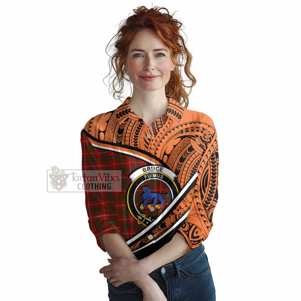 Tartan Vibes Clothing Bruce Crest Tartan Women's Casual Shirt with Maori Tattoo Style - Orange Version