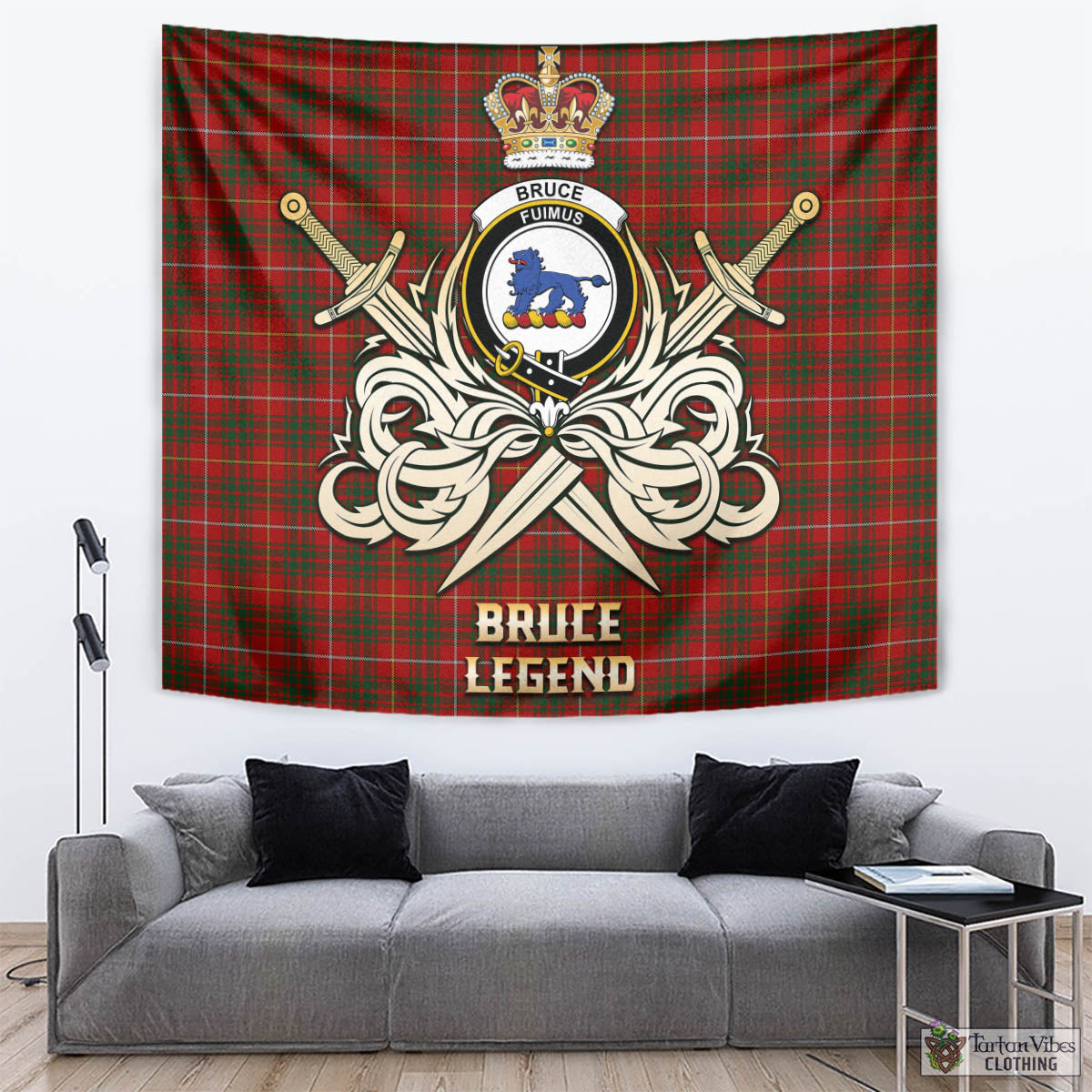 Tartan Vibes Clothing Bruce Tartan Tapestry with Clan Crest and the Golden Sword of Courageous Legacy