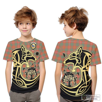 Bruce Ancient Tartan Kid T-Shirt with Family Crest Celtic Wolf Style