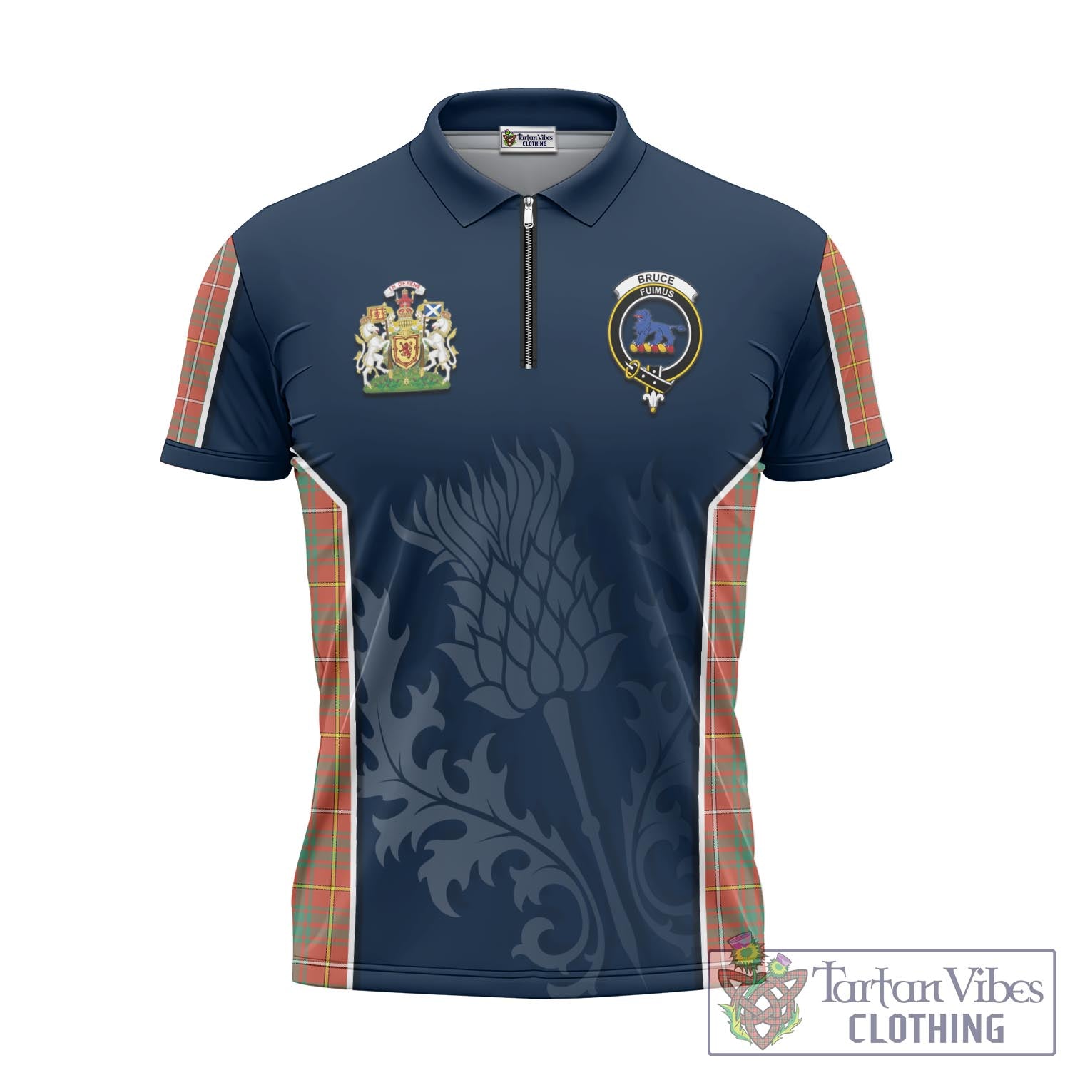 Tartan Vibes Clothing Bruce Ancient Tartan Zipper Polo Shirt with Family Crest and Scottish Thistle Vibes Sport Style