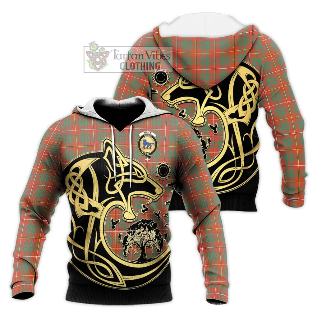 Bruce Ancient Tartan Knitted Hoodie with Family Crest Celtic Wolf Style Unisex Knitted Pullover Hoodie - Tartan Vibes Clothing