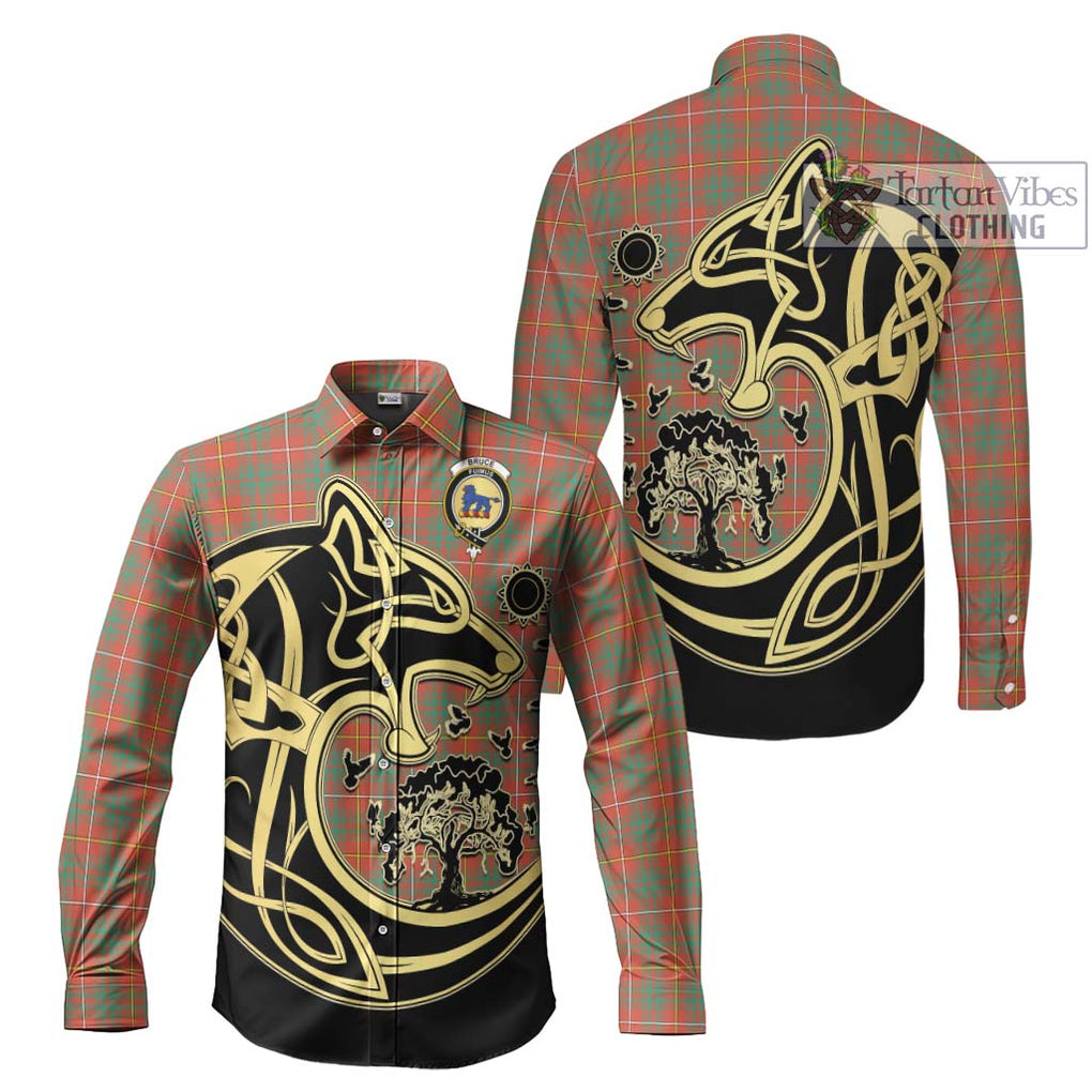 Bruce Ancient Tartan Long Sleeve Button Shirt with Family Crest Celtic Wolf Style Men's Shirt S - Tartan Vibes Clothing