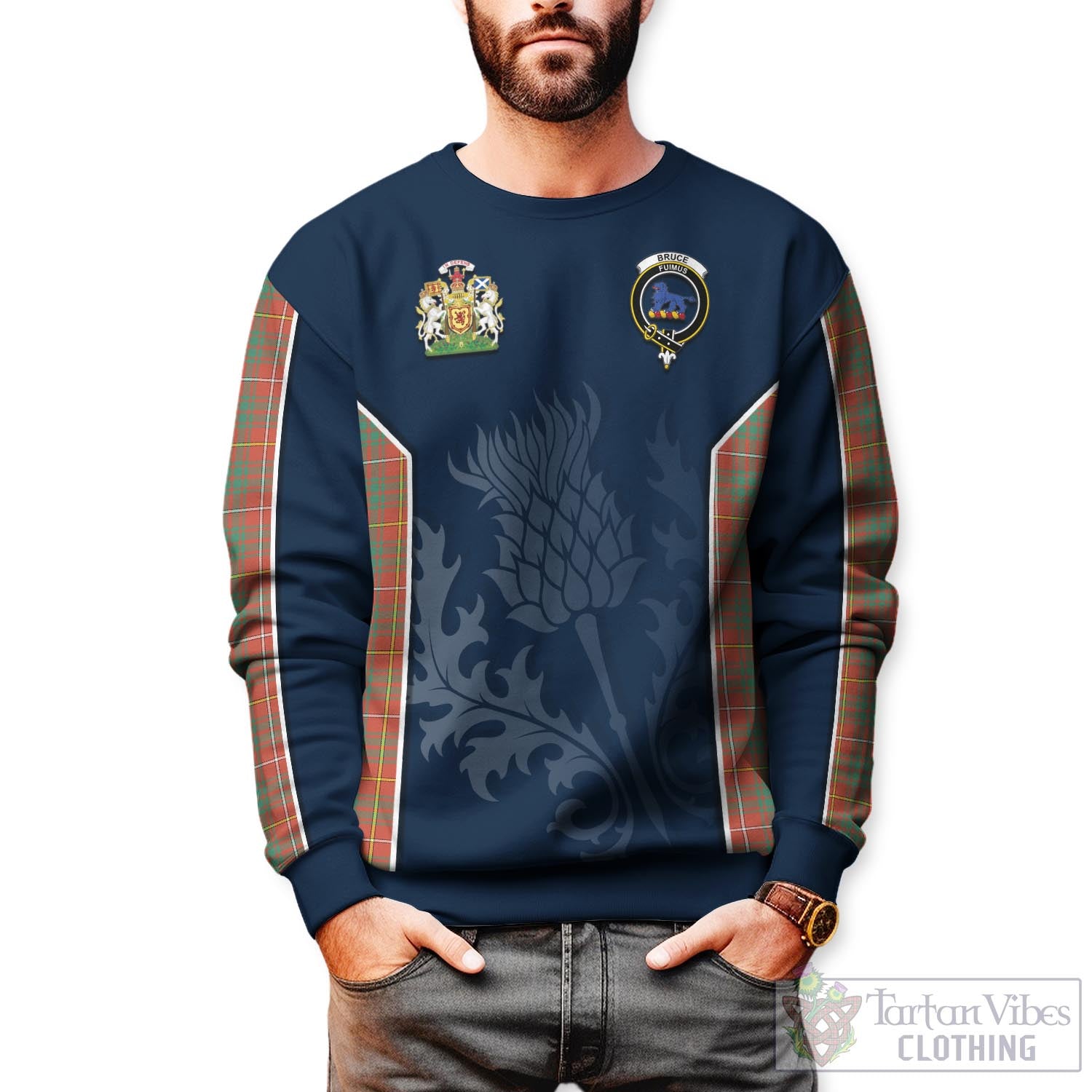 Tartan Vibes Clothing Bruce Ancient Tartan Sweatshirt with Family Crest and Scottish Thistle Vibes Sport Style