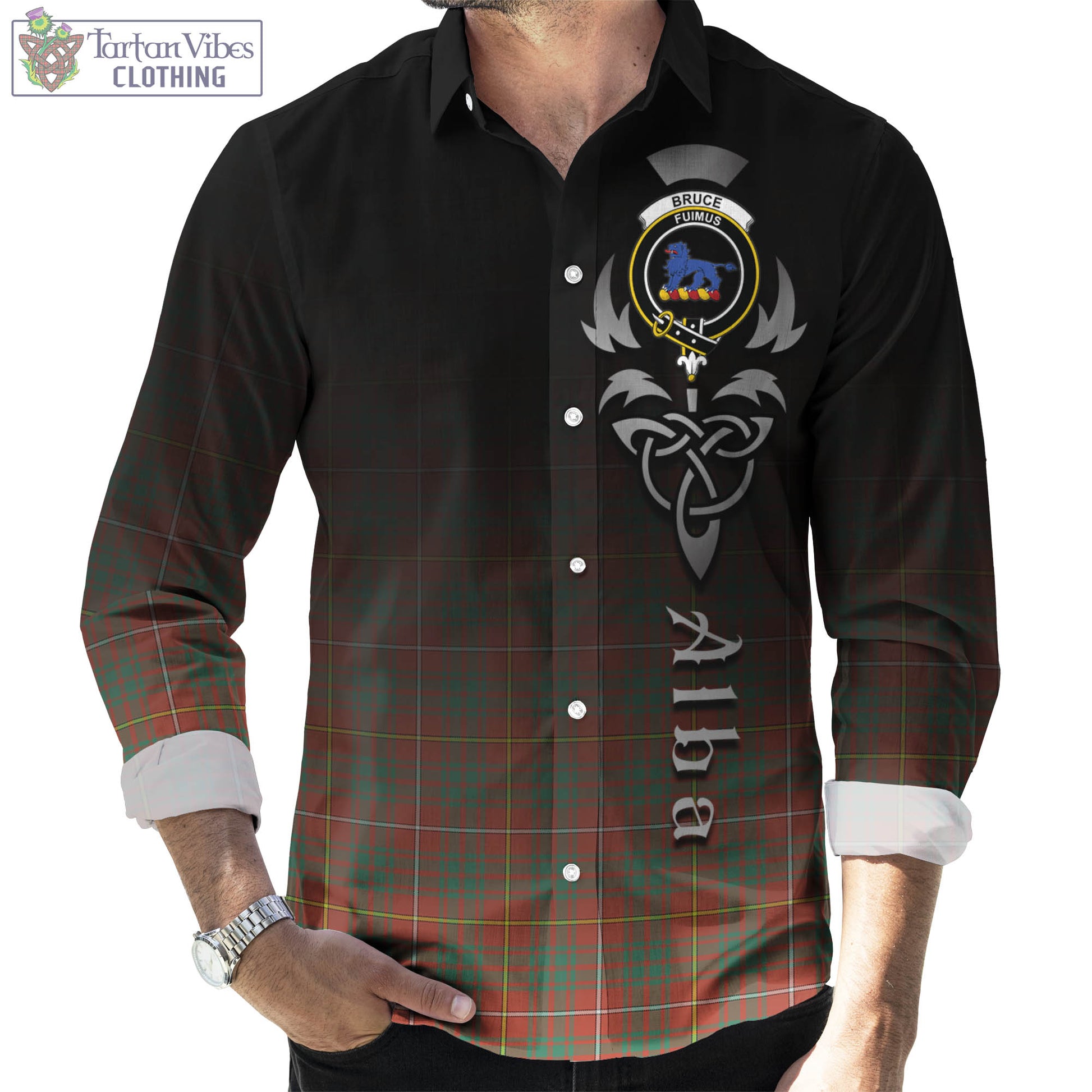 Tartan Vibes Clothing Bruce Ancient Tartan Long Sleeve Button Up Featuring Alba Gu Brath Family Crest Celtic Inspired