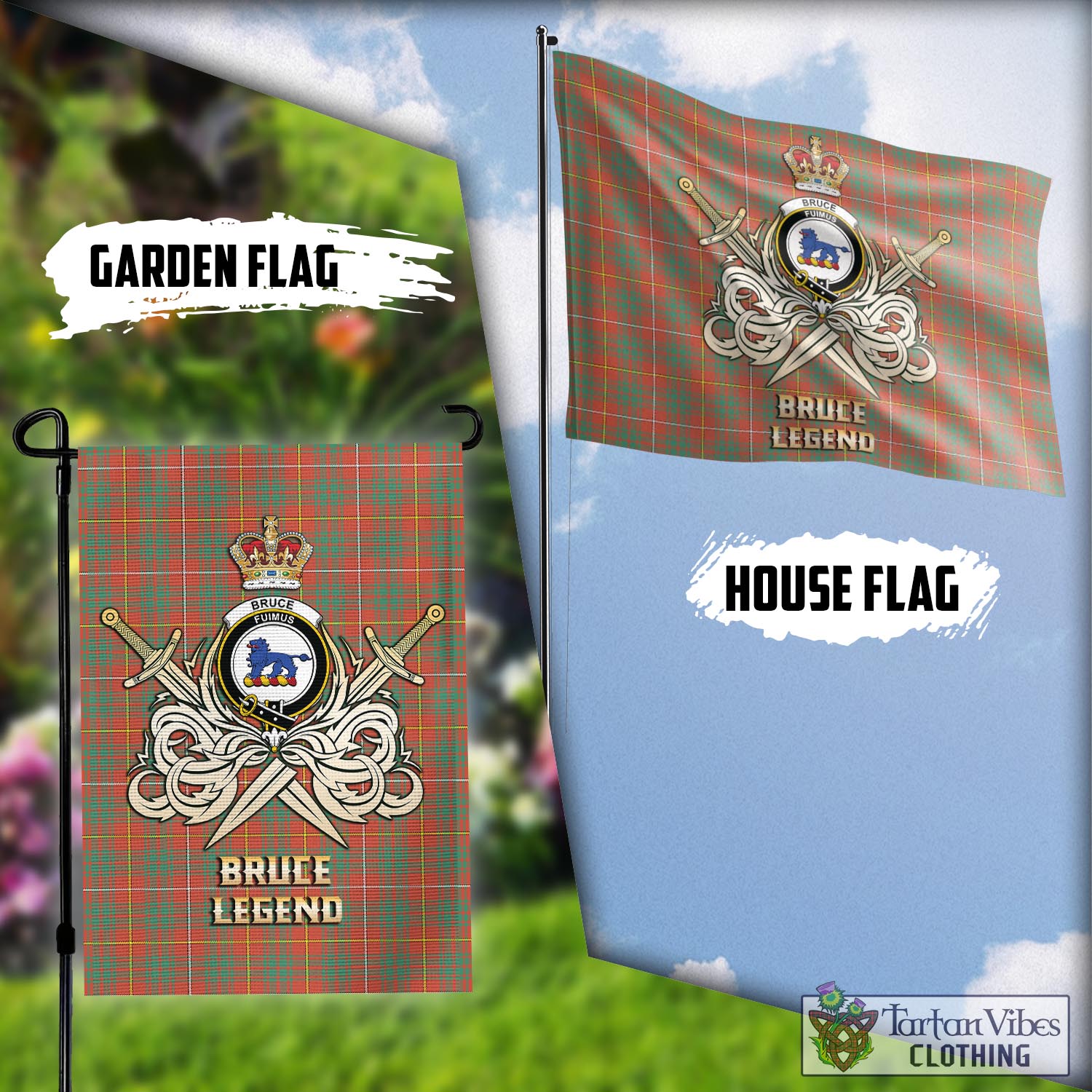 Tartan Vibes Clothing Bruce Ancient Tartan Flag with Clan Crest and the Golden Sword of Courageous Legacy