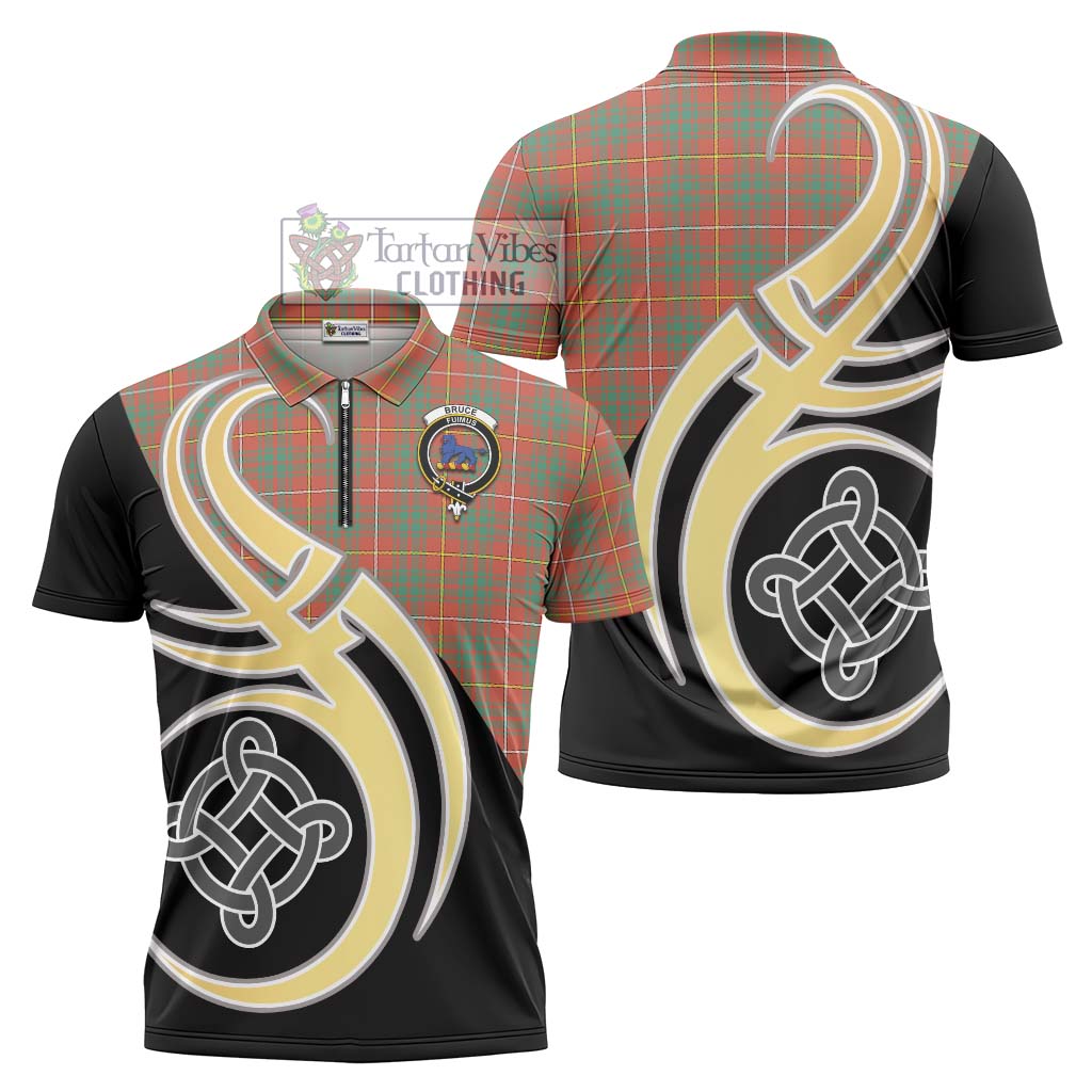 Tartan Vibes Clothing Bruce Ancient Tartan Zipper Polo Shirt with Family Crest and Celtic Symbol Style