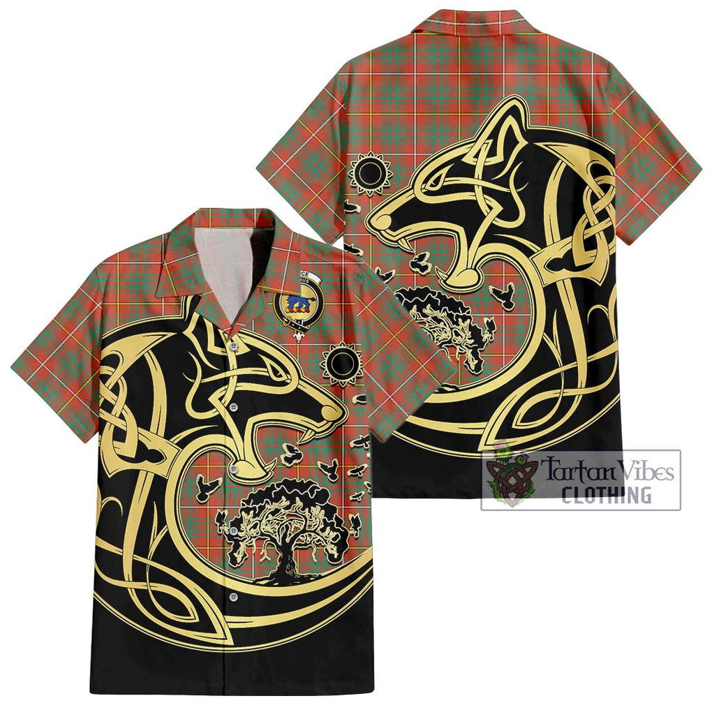 Bruce Ancient Tartan Short Sleeve Button Shirt with Family Crest Celtic Wolf Style Kid - Tartan Vibes Clothing