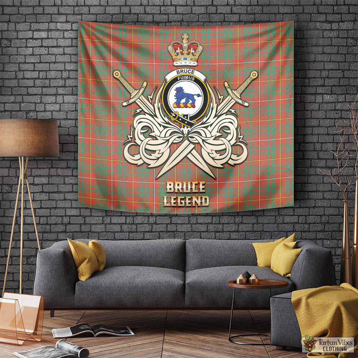 Tartan Vibes Clothing Bruce Ancient Tartan Tapestry with Clan Crest and the Golden Sword of Courageous Legacy