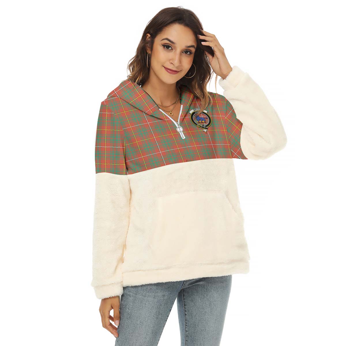 Bruce Ancient Tartan Women's Borg Fleece Hoodie With Half Zip with Family Crest Female - Tartanvibesclothing