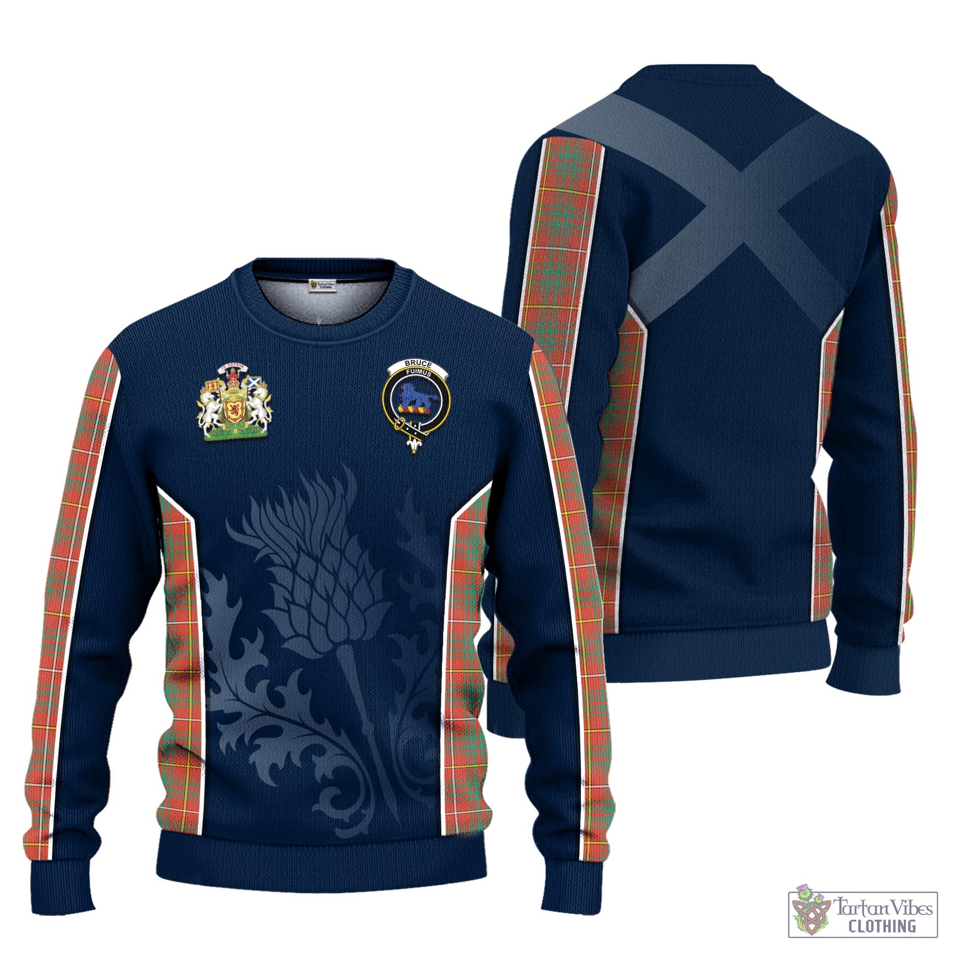 Tartan Vibes Clothing Bruce Ancient Tartan Knitted Sweatshirt with Family Crest and Scottish Thistle Vibes Sport Style