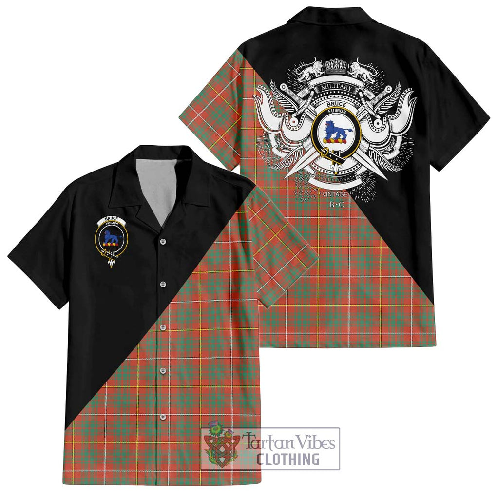 Bruce Ancient Tartan Short Sleeve Button Shirt with Family Crest and Military Logo Style Kid - Tartanvibesclothing Shop