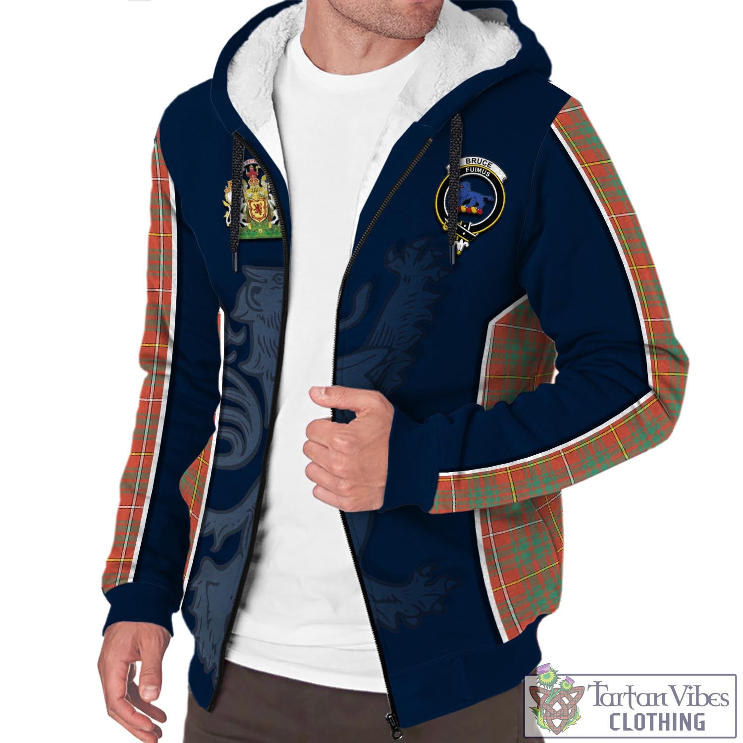 Tartan Vibes Clothing Bruce Ancient Tartan Sherpa Hoodie with Family Crest and Lion Rampant Vibes Sport Style