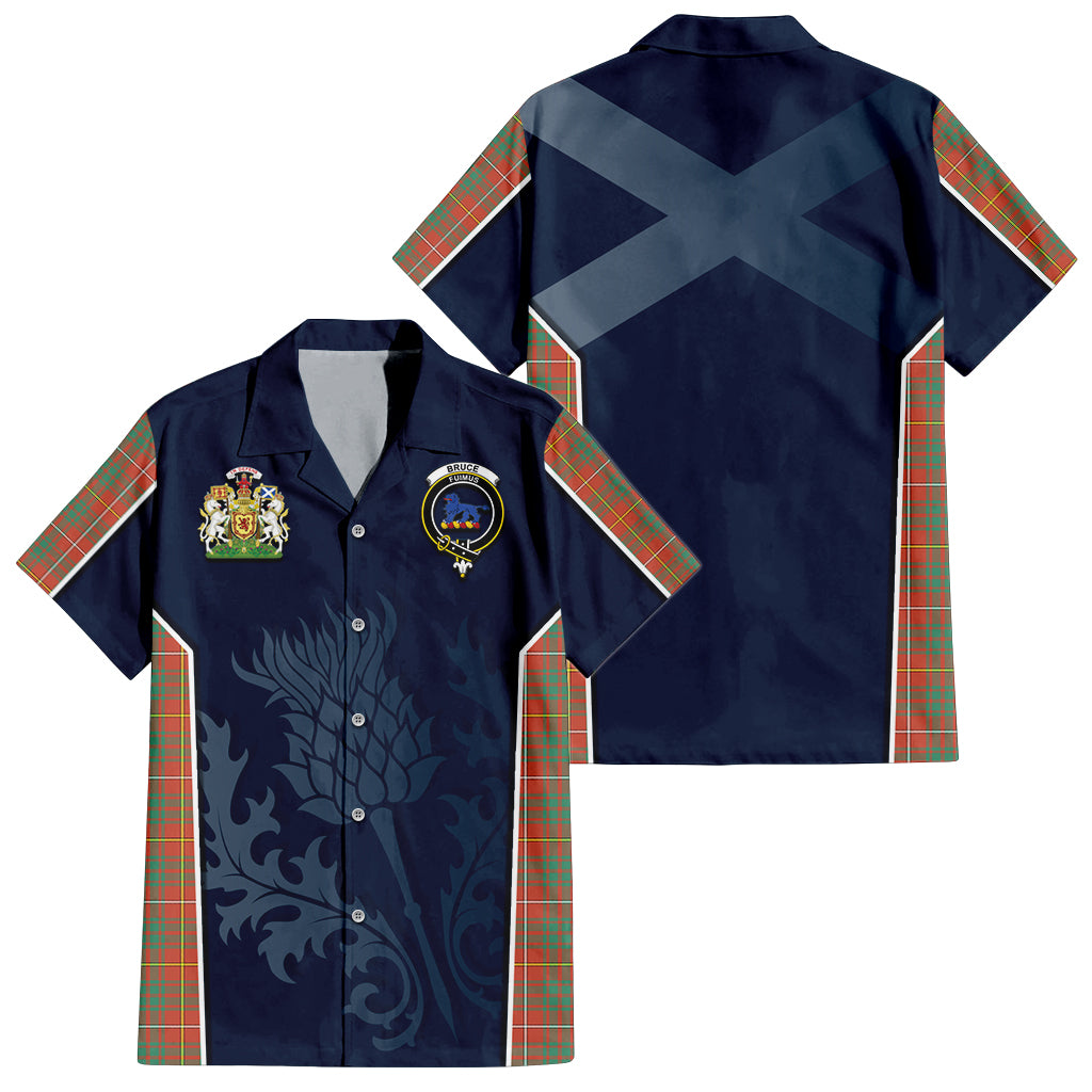 Tartan Vibes Clothing Bruce Ancient Tartan Short Sleeve Button Up Shirt with Family Crest and Scottish Thistle Vibes Sport Style