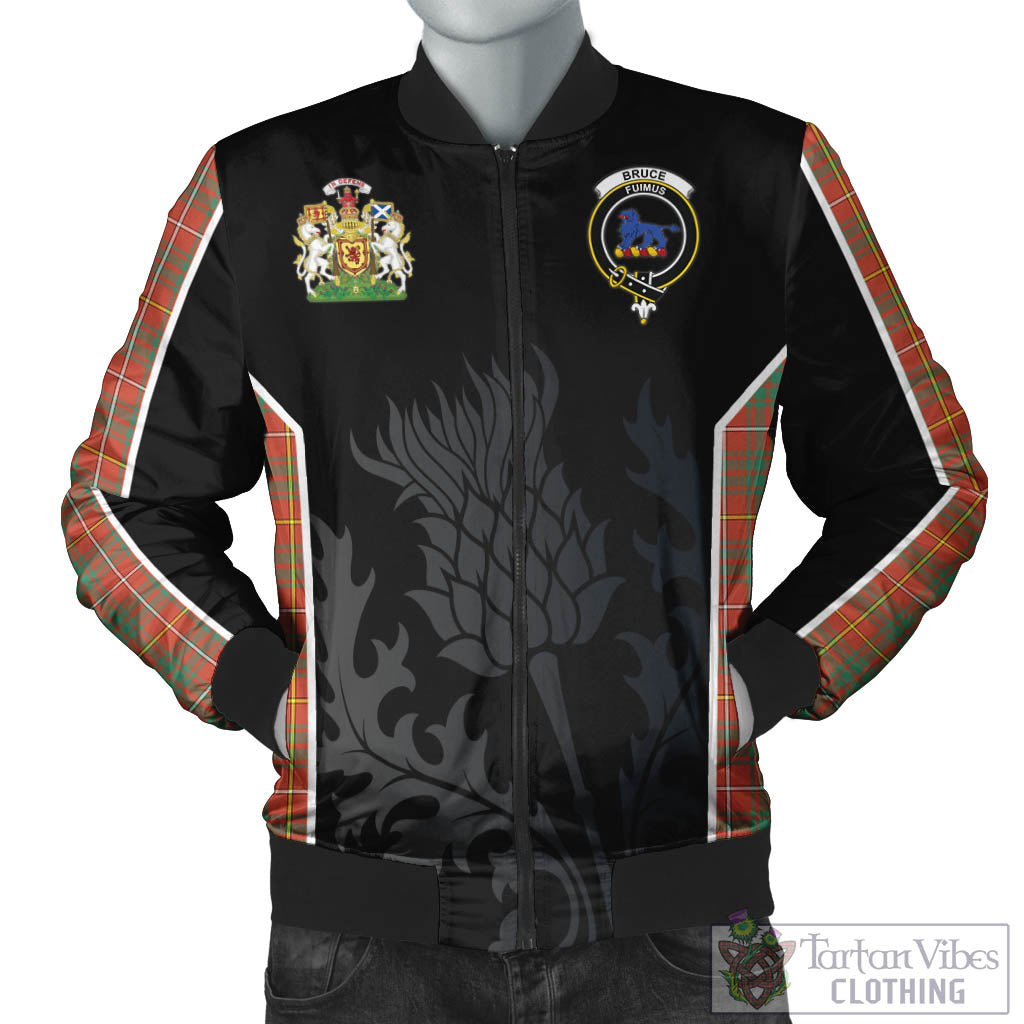 Tartan Vibes Clothing Bruce Ancient Tartan Bomber Jacket with Family Crest and Scottish Thistle Vibes Sport Style