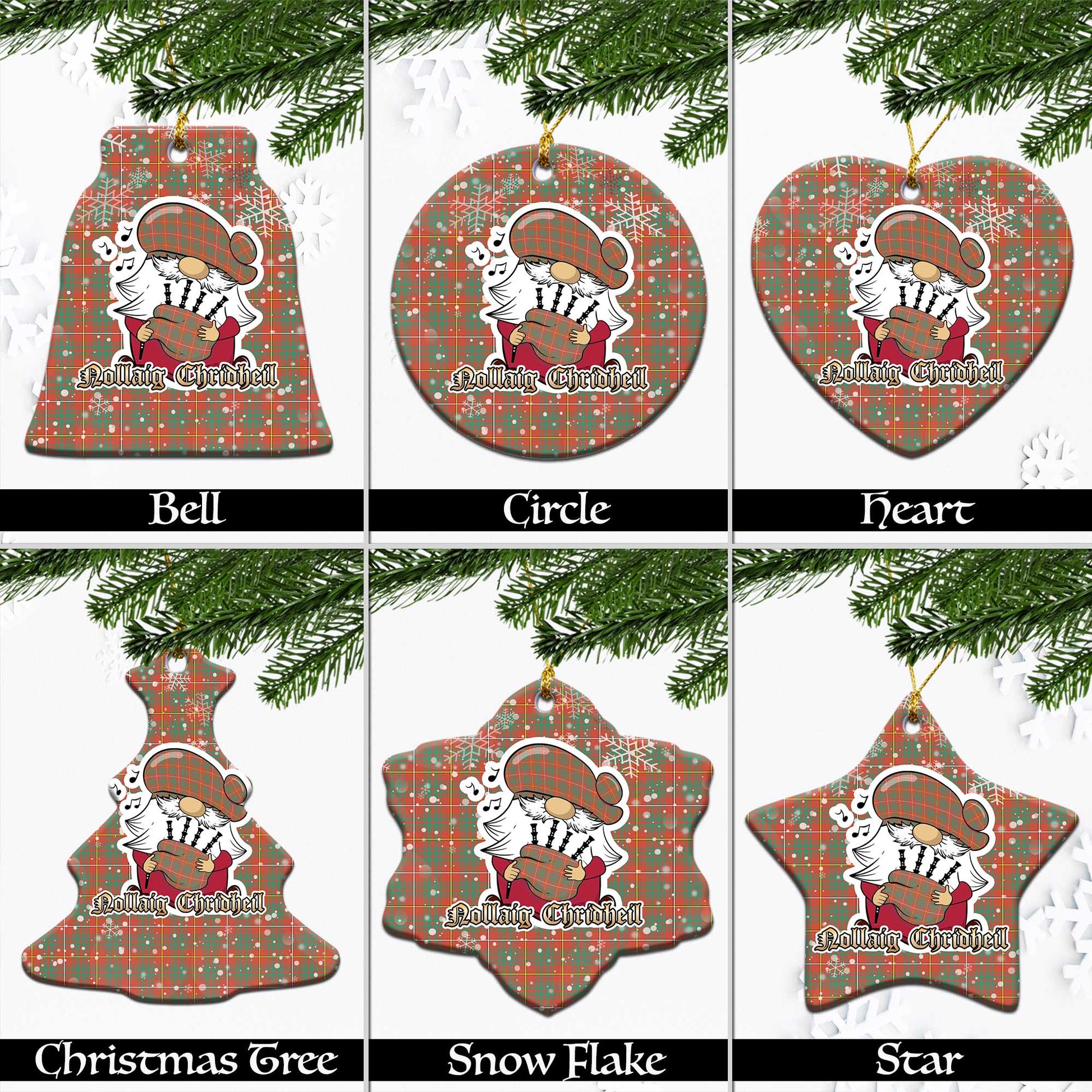 Bruce Ancient Tartan Christmas Ornaments with Scottish Gnome Playing Bagpipes Ceramic - Tartanvibesclothing