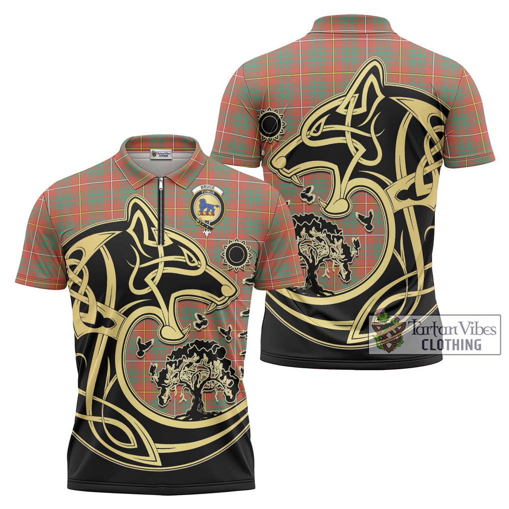 Bruce Ancient Tartan Zipper Polo Shirt with Family Crest Celtic Wolf Style Unisex - Tartanvibesclothing Shop