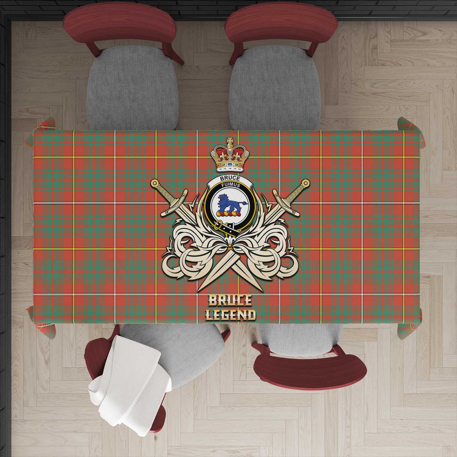 Tartan Vibes Clothing Bruce Ancient Tartan Tablecloth with Clan Crest and the Golden Sword of Courageous Legacy