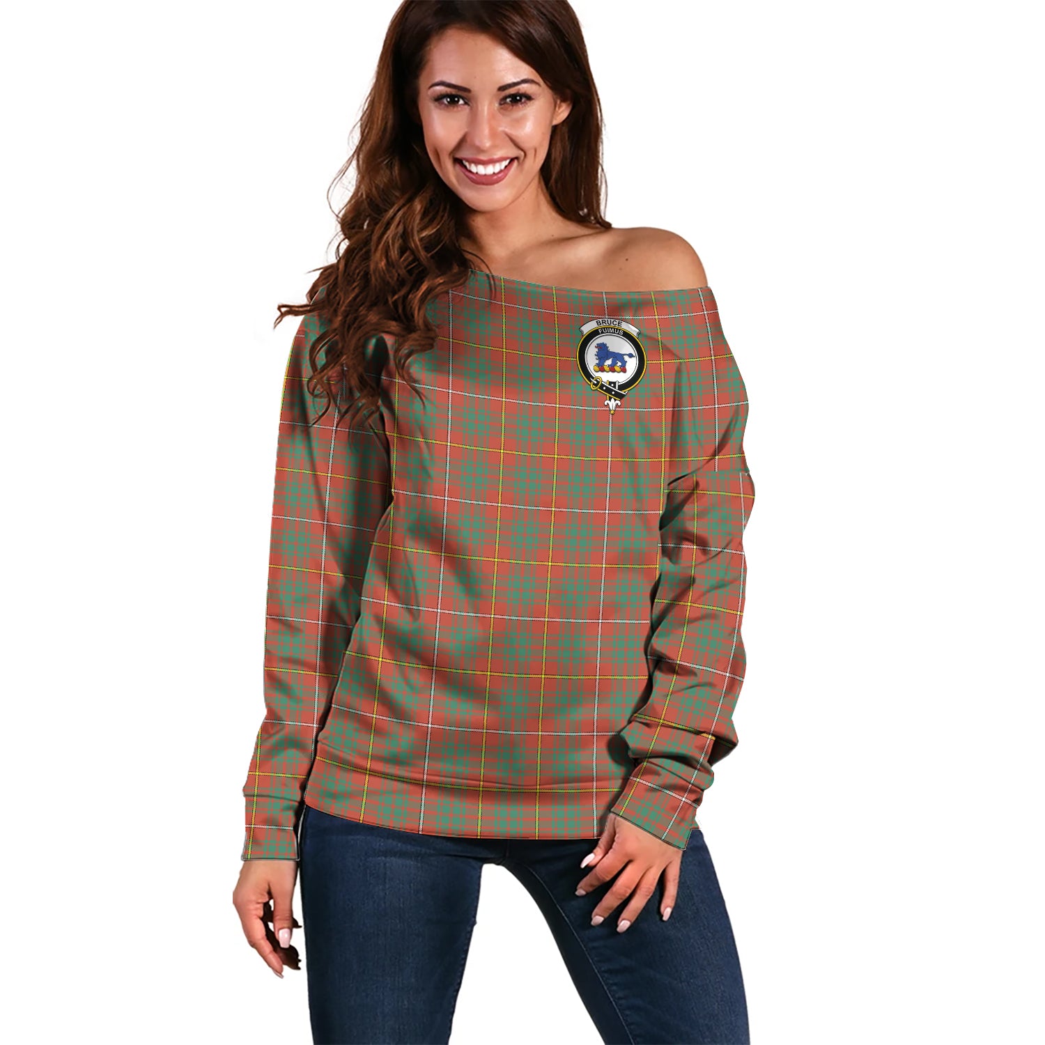 Bruce Ancient Tartan Off Shoulder Women Sweater with Family Crest Women - Tartanvibesclothing