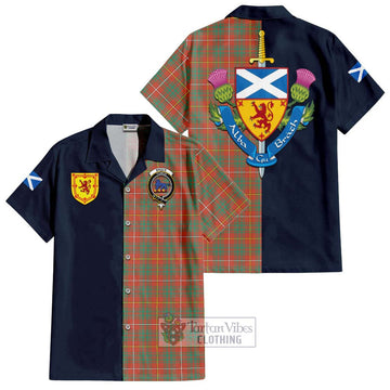 Bruce Ancient Tartan Short Sleeve Button Shirt Alba with Scottish Lion Royal Arm Half Style