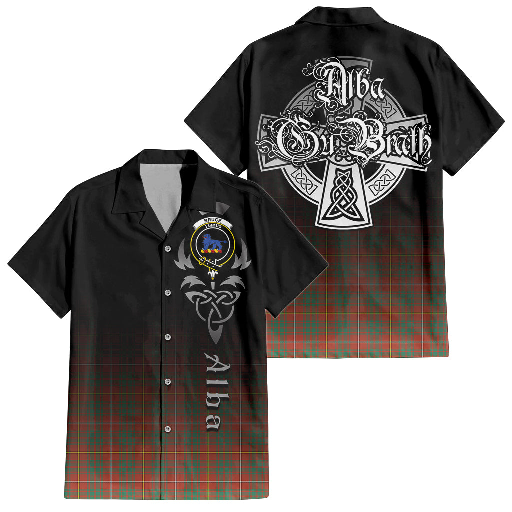 Tartan Vibes Clothing Bruce Ancient Tartan Short Sleeve Button Up Featuring Alba Gu Brath Family Crest Celtic Inspired