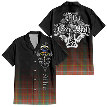 Bruce Ancient Tartan Short Sleeve Button Up Shirt Featuring Alba Gu Brath Family Crest Celtic Inspired