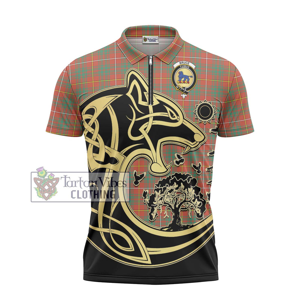 Bruce Ancient Tartan Zipper Polo Shirt with Family Crest Celtic Wolf Style - Tartanvibesclothing Shop