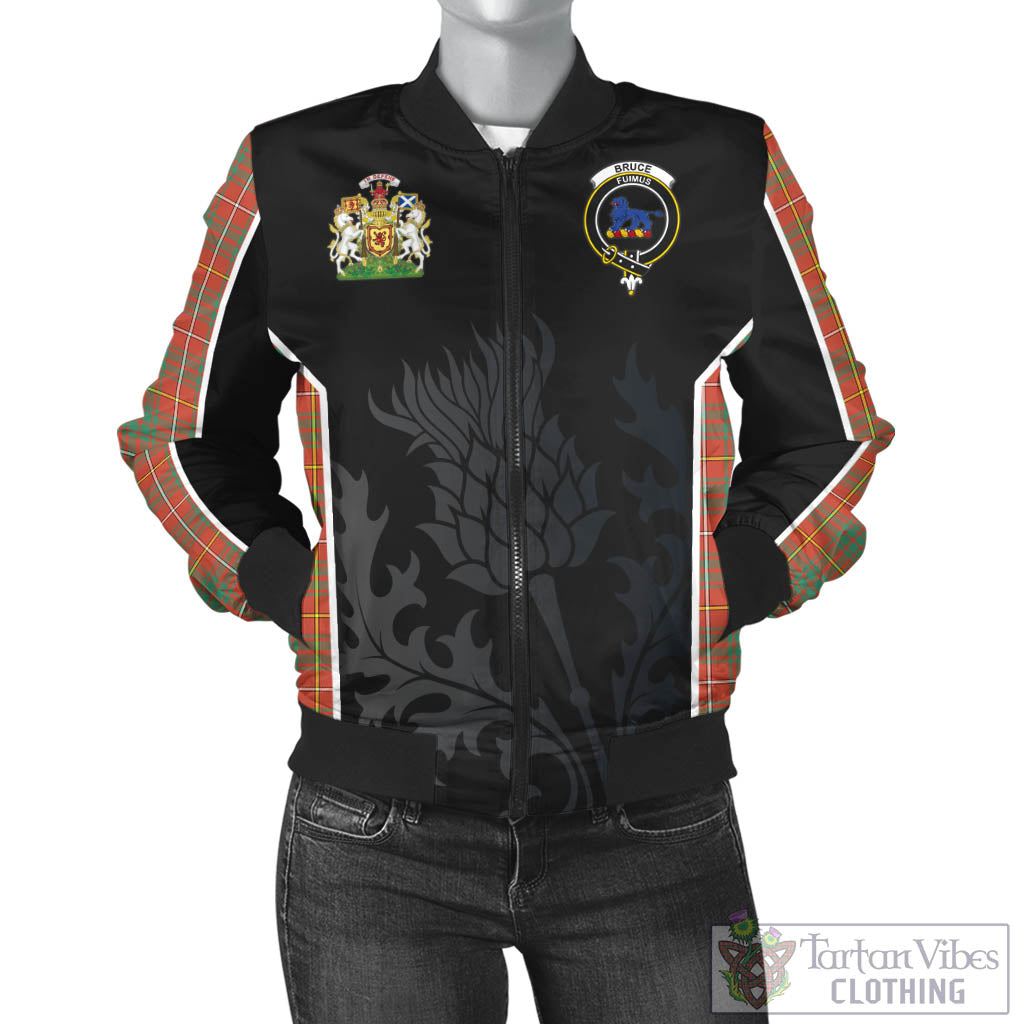 Tartan Vibes Clothing Bruce Ancient Tartan Bomber Jacket with Family Crest and Scottish Thistle Vibes Sport Style