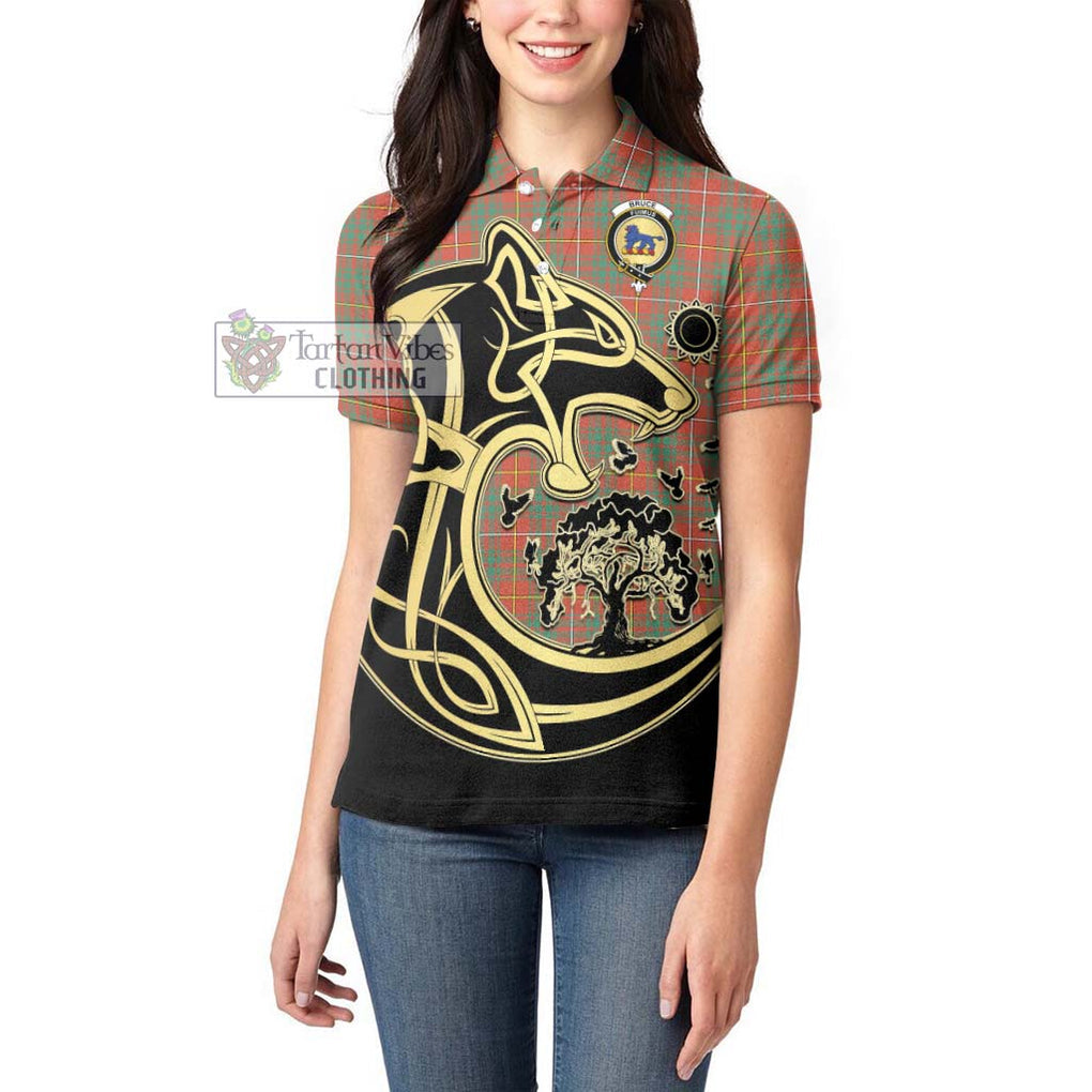 Bruce Ancient Tartan Women's Polo Shirt with Family Crest Celtic Wolf Style - Tartanvibesclothing Shop