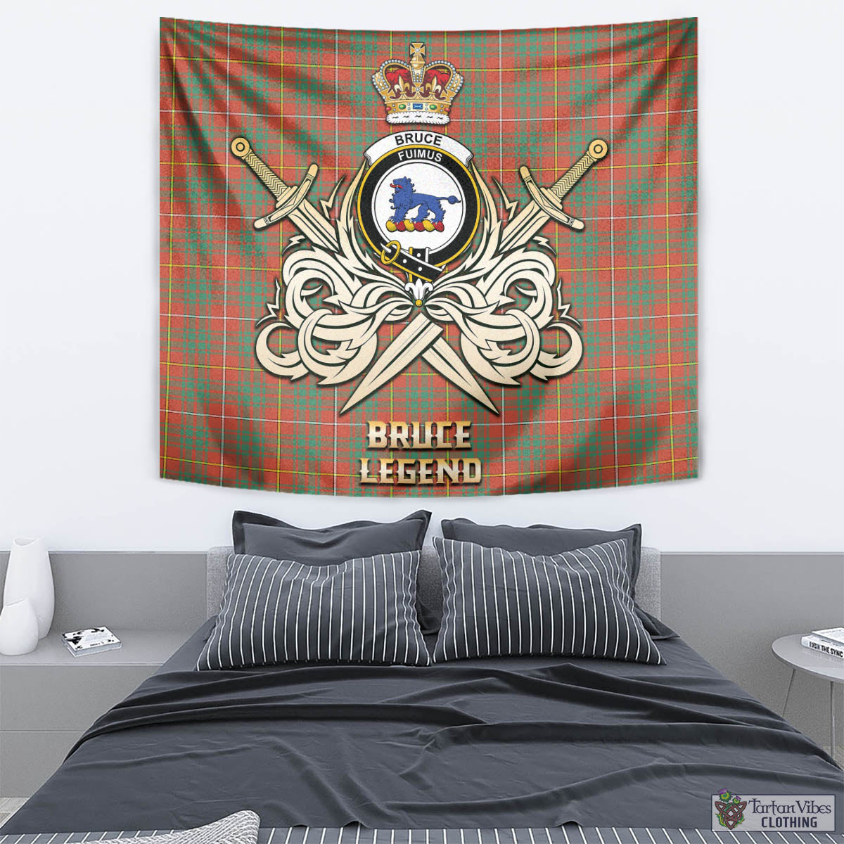 Tartan Vibes Clothing Bruce Ancient Tartan Tapestry with Clan Crest and the Golden Sword of Courageous Legacy