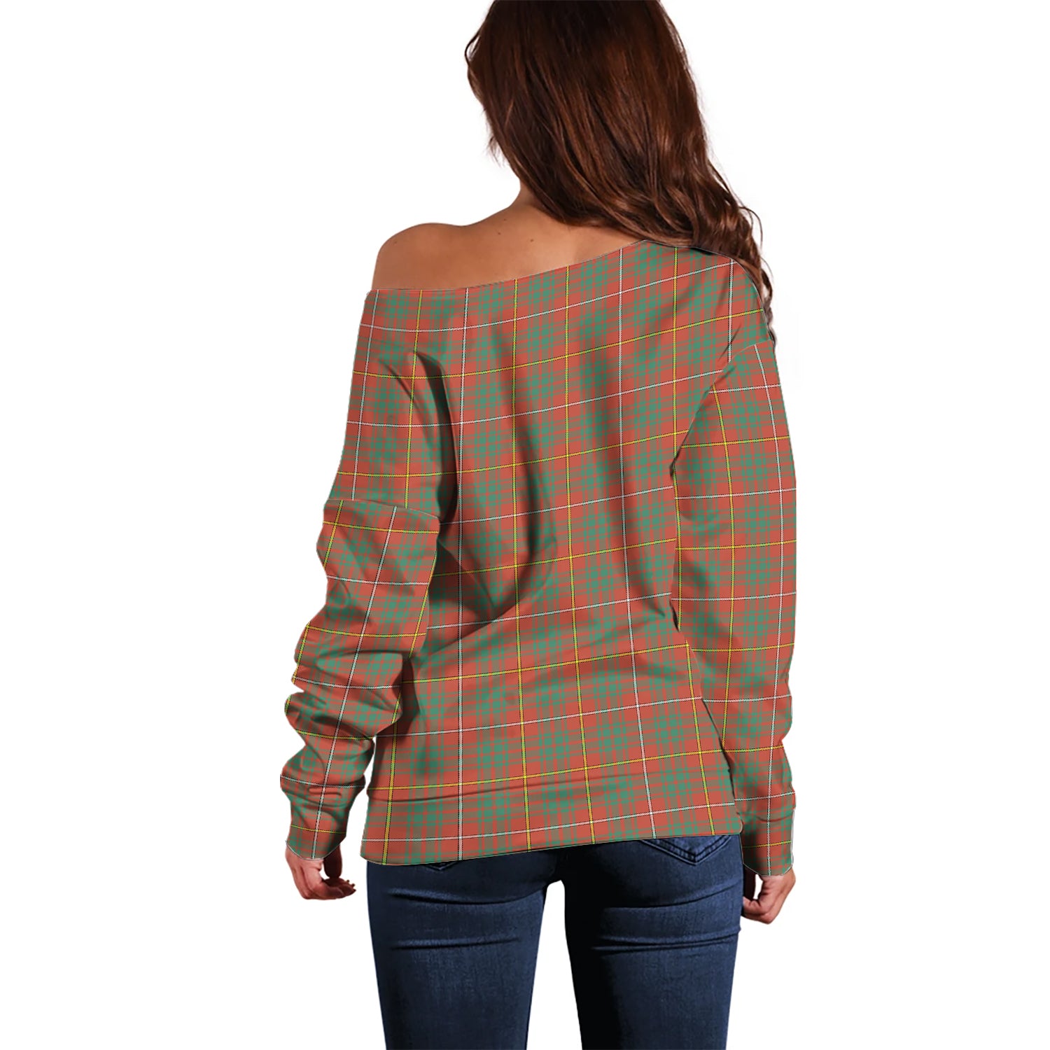 Bruce Ancient Tartan Off Shoulder Women Sweater with Family Crest - Tartanvibesclothing