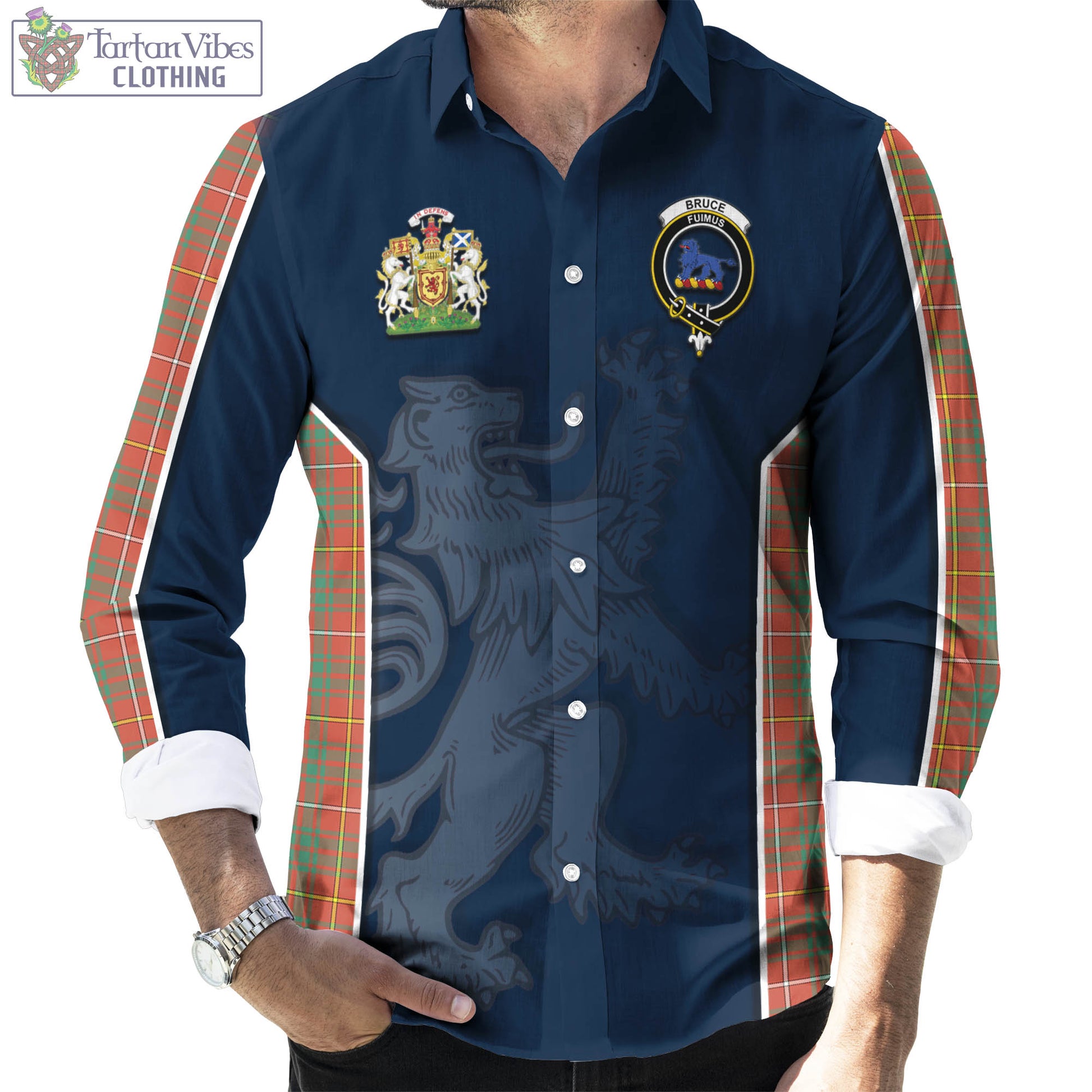 Tartan Vibes Clothing Bruce Ancient Tartan Long Sleeve Button Up Shirt with Family Crest and Lion Rampant Vibes Sport Style